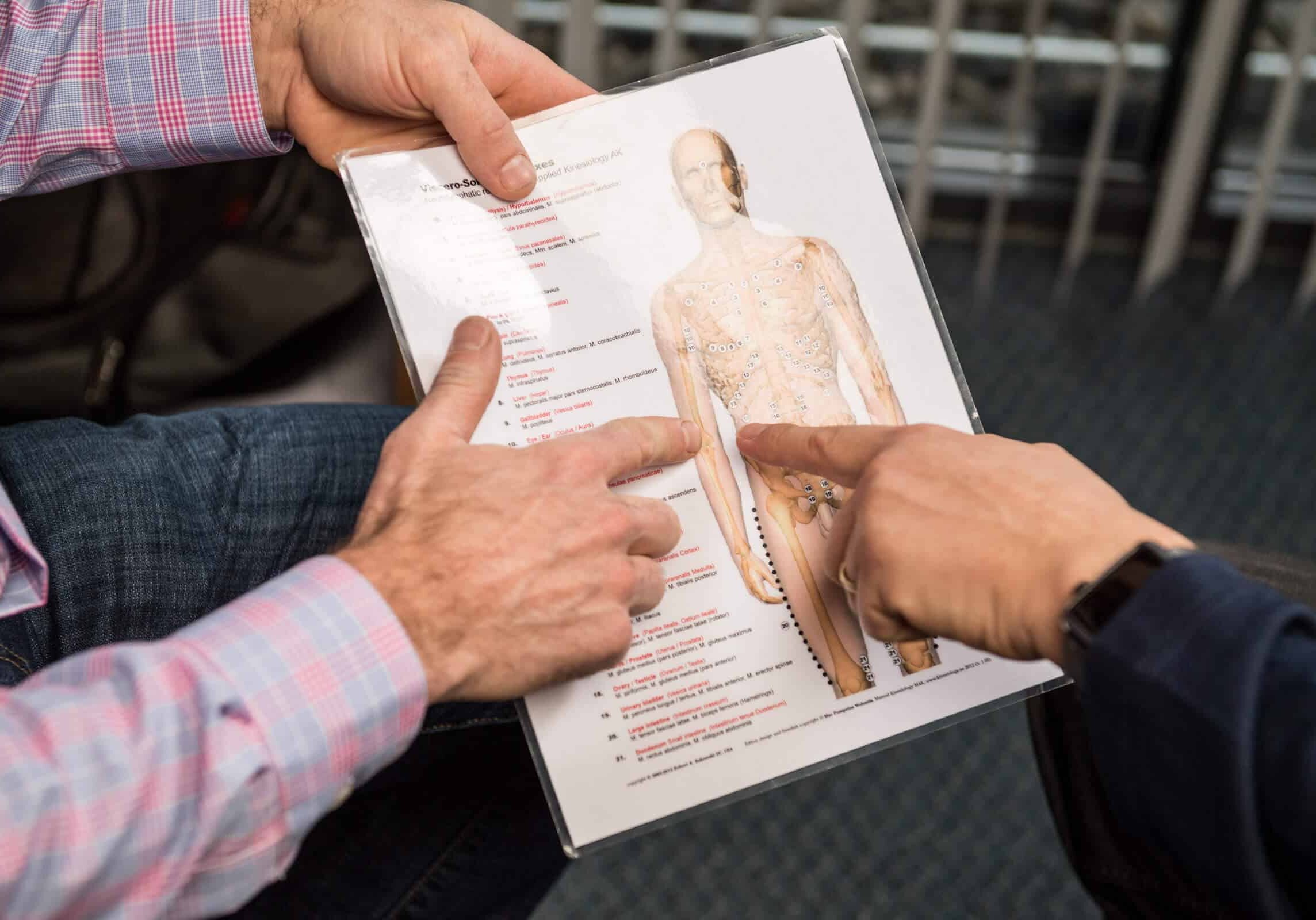 doctor reviewing an anatomy chart with patient during functional medicine treatment